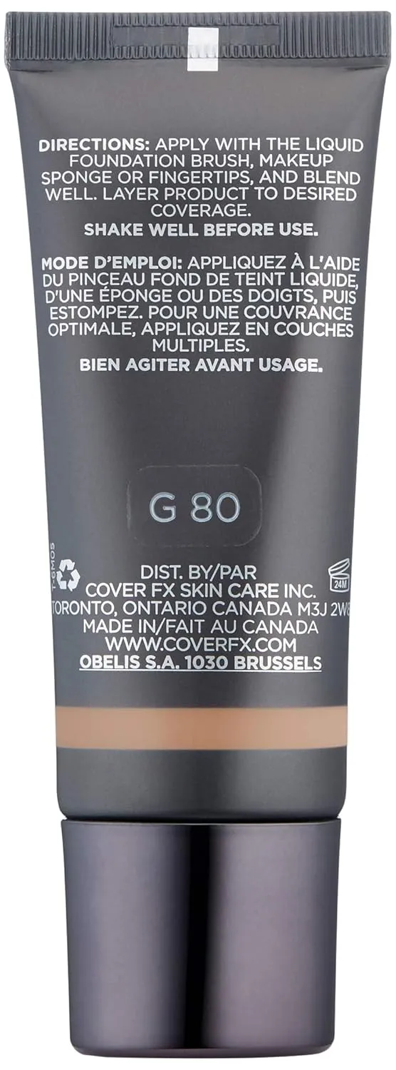 Cover FX Natural Finish Foundation: Water-based Foundation that Delivers 12-hour Coverage and Natural, Second-Skin Finish with Powerful Antioxidant Protection - G80, 1 Fl Oz