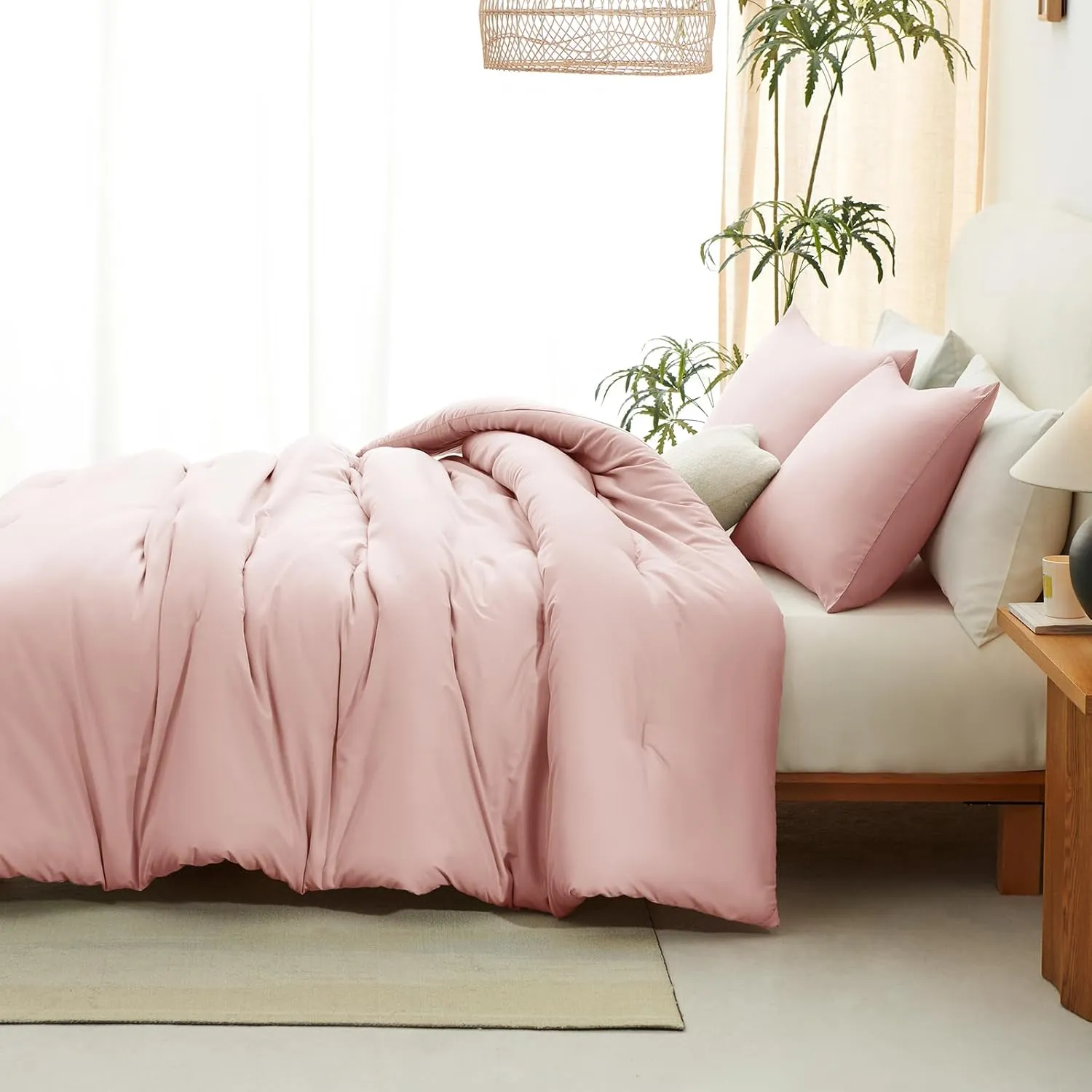 CozyLux Blush Pink Comforter Set Queen Size for Girls, 3 Pieces Women Solid Breathable Quilted Boho Style Bedding Sets, Luxury Fluffy Soft Microfiber Comforter All Season(1 Comforter & 2 Pillowcases)