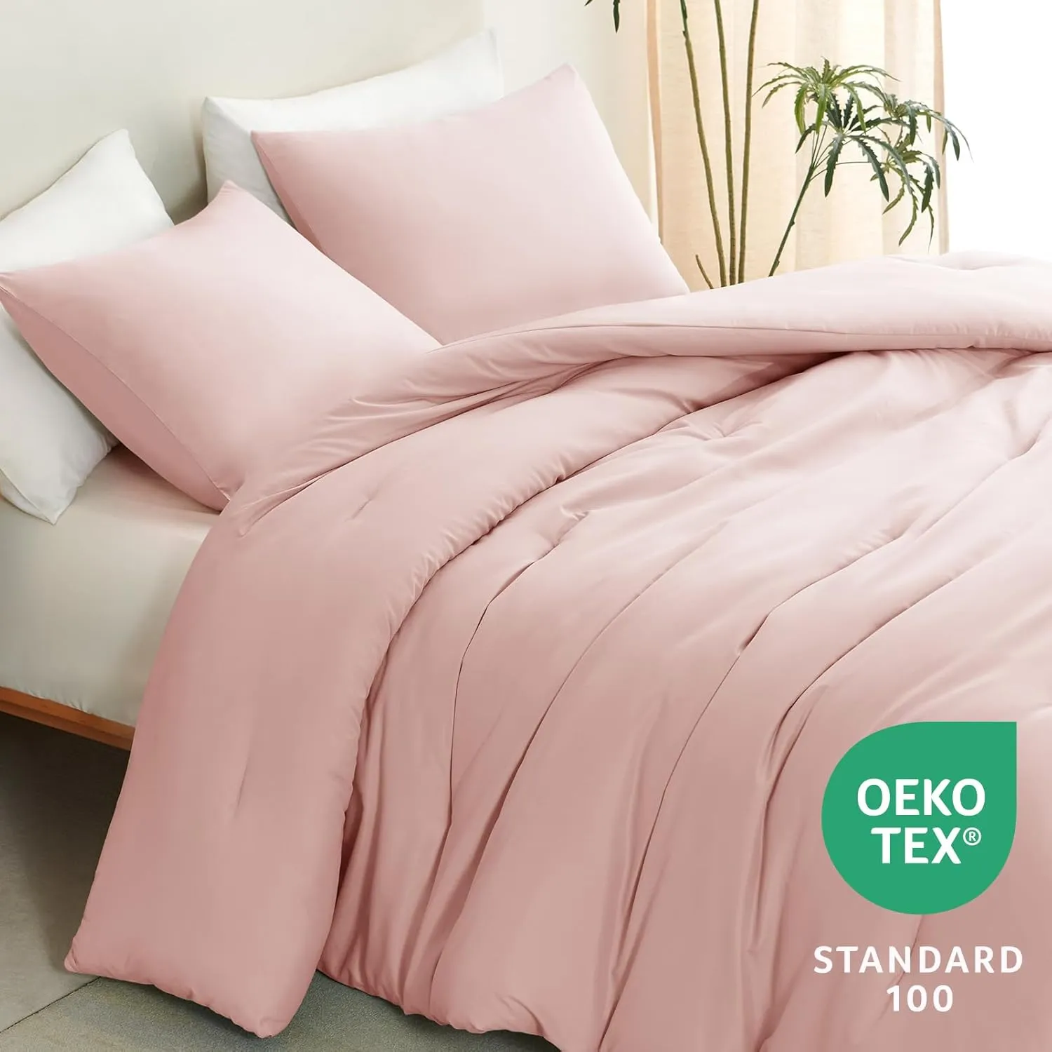CozyLux Blush Pink Comforter Set Queen Size for Girls, 3 Pieces Women Solid Breathable Quilted Boho Style Bedding Sets, Luxury Fluffy Soft Microfiber Comforter All Season(1 Comforter & 2 Pillowcases)