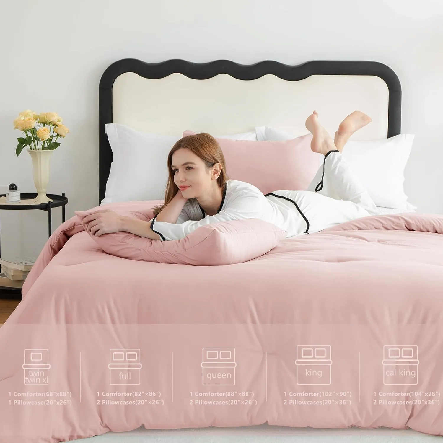 CozyLux Blush Pink Comforter Set Queen Size for Girls, 3 Pieces Women Solid Breathable Quilted Boho Style Bedding Sets, Luxury Fluffy Soft Microfiber Comforter All Season(1 Comforter & 2 Pillowcases)
