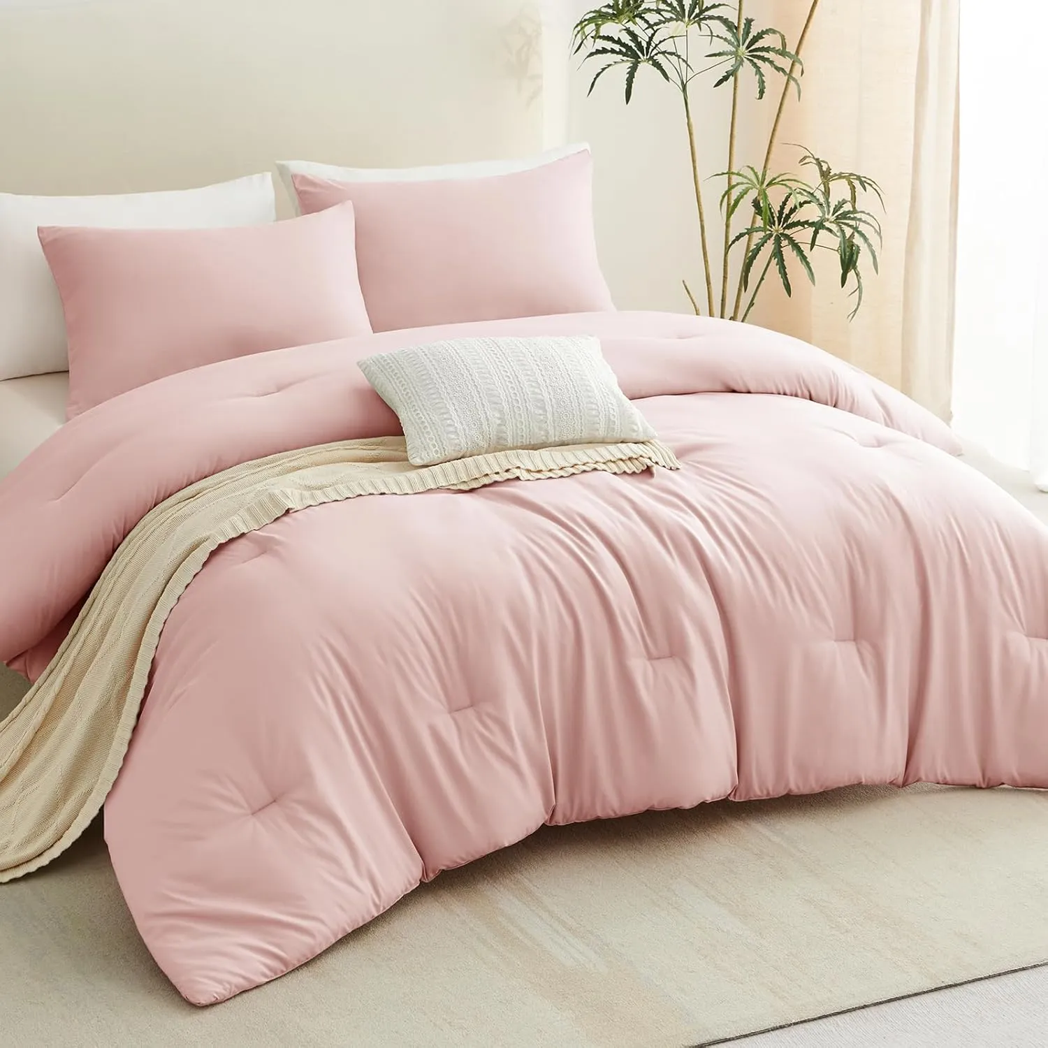 CozyLux Blush Pink Comforter Set Queen Size for Girls, 3 Pieces Women Solid Breathable Quilted Boho Style Bedding Sets, Luxury Fluffy Soft Microfiber Comforter All Season(1 Comforter & 2 Pillowcases)