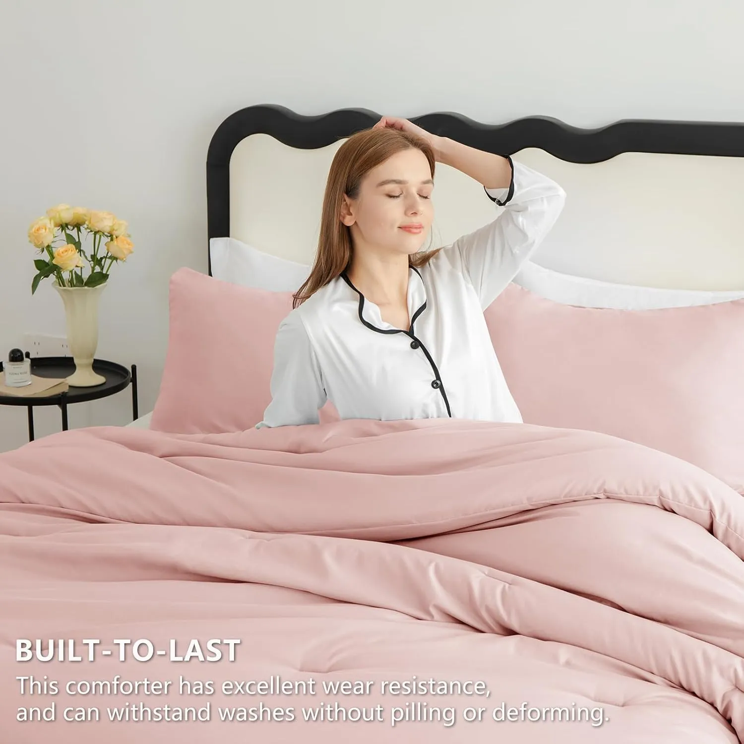 CozyLux Blush Pink Comforter Set Queen Size for Girls, 3 Pieces Women Solid Breathable Quilted Boho Style Bedding Sets, Luxury Fluffy Soft Microfiber Comforter All Season(1 Comforter & 2 Pillowcases)
