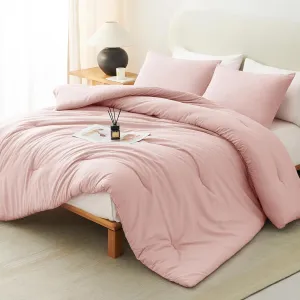 CozyLux Blush Pink Comforter Set Queen Size for Girls, 3 Pieces Women Solid Breathable Quilted Boho Style Bedding Sets, Luxury Fluffy Soft Microfiber Comforter All Season(1 Comforter & 2 Pillowcases)