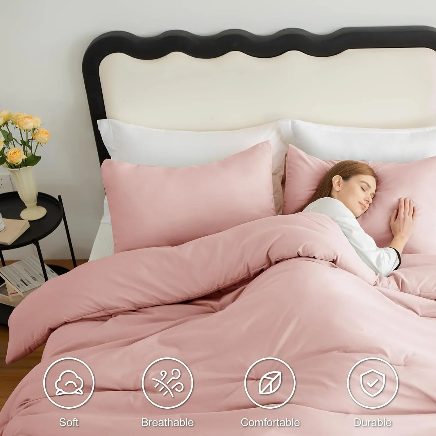 CozyLux Blush Pink Comforter Set Queen Size for Girls, 3 Pieces Women Solid Breathable Quilted Boho Style Bedding Sets, Luxury Fluffy Soft Microfiber Comforter All Season(1 Comforter & 2 Pillowcases)