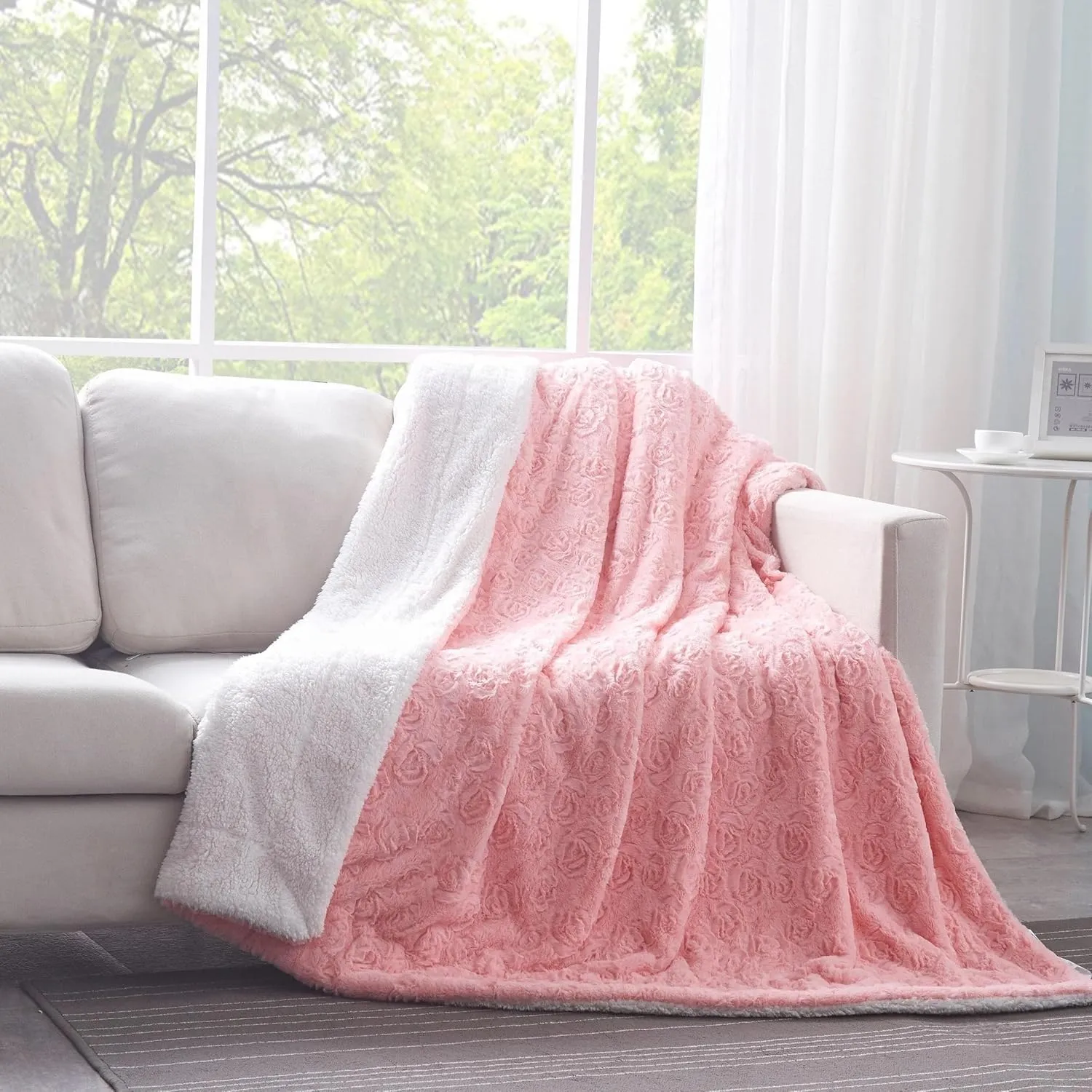 DaDa Bedding Luxury Faux Fur Throw Blanket - [ Non Shedding - Machine Washable] Fluffy Super Cuddly Soft Roses Sherpa Backside - Warm Plush for Lap or Sofa - Bright Vibrant Pink & White - 90" x 90"