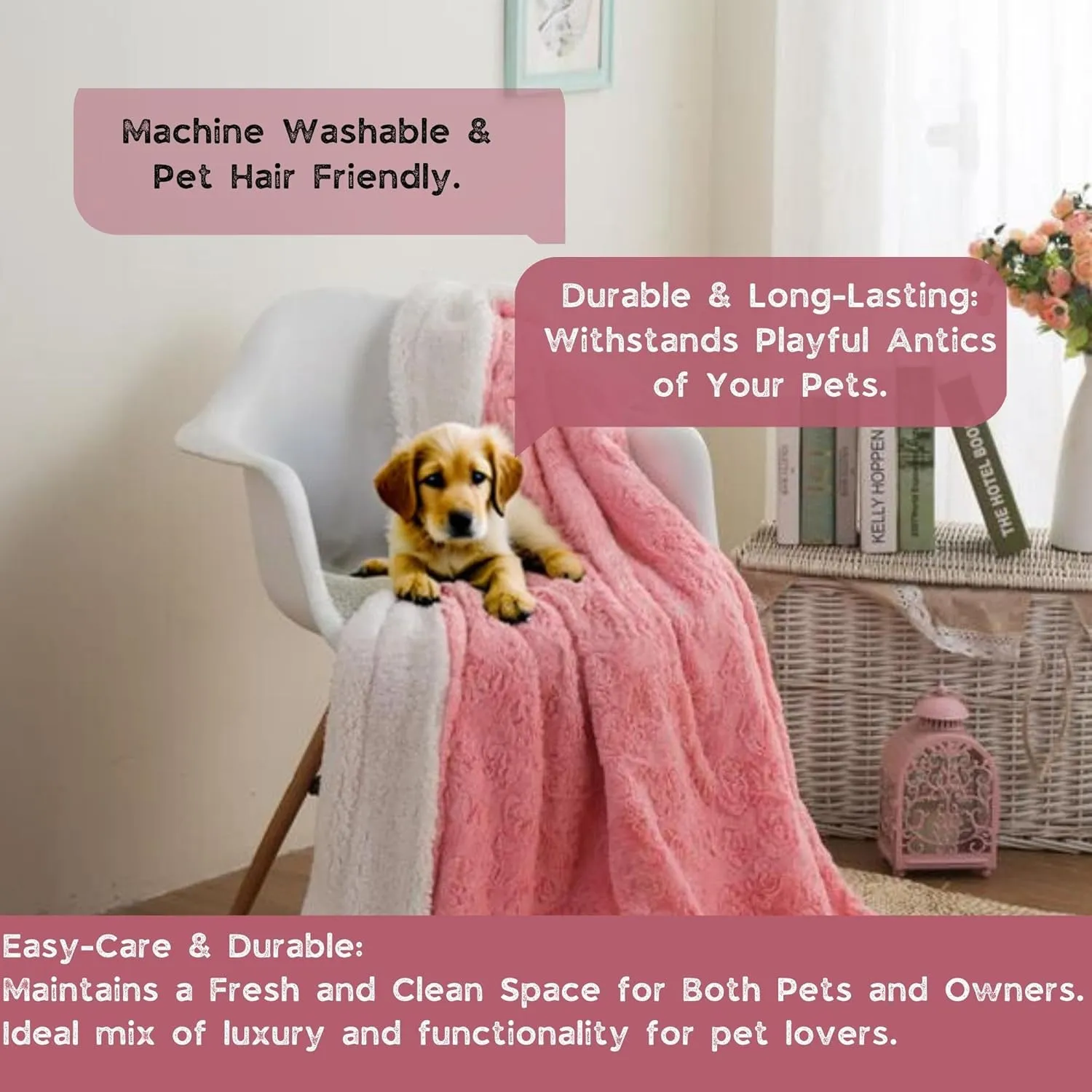 DaDa Bedding Luxury Faux Fur Throw Blanket - [ Non Shedding - Machine Washable] Fluffy Super Cuddly Soft Roses Sherpa Backside - Warm Plush for Lap or Sofa - Bright Vibrant Pink & White - 90" x 90"