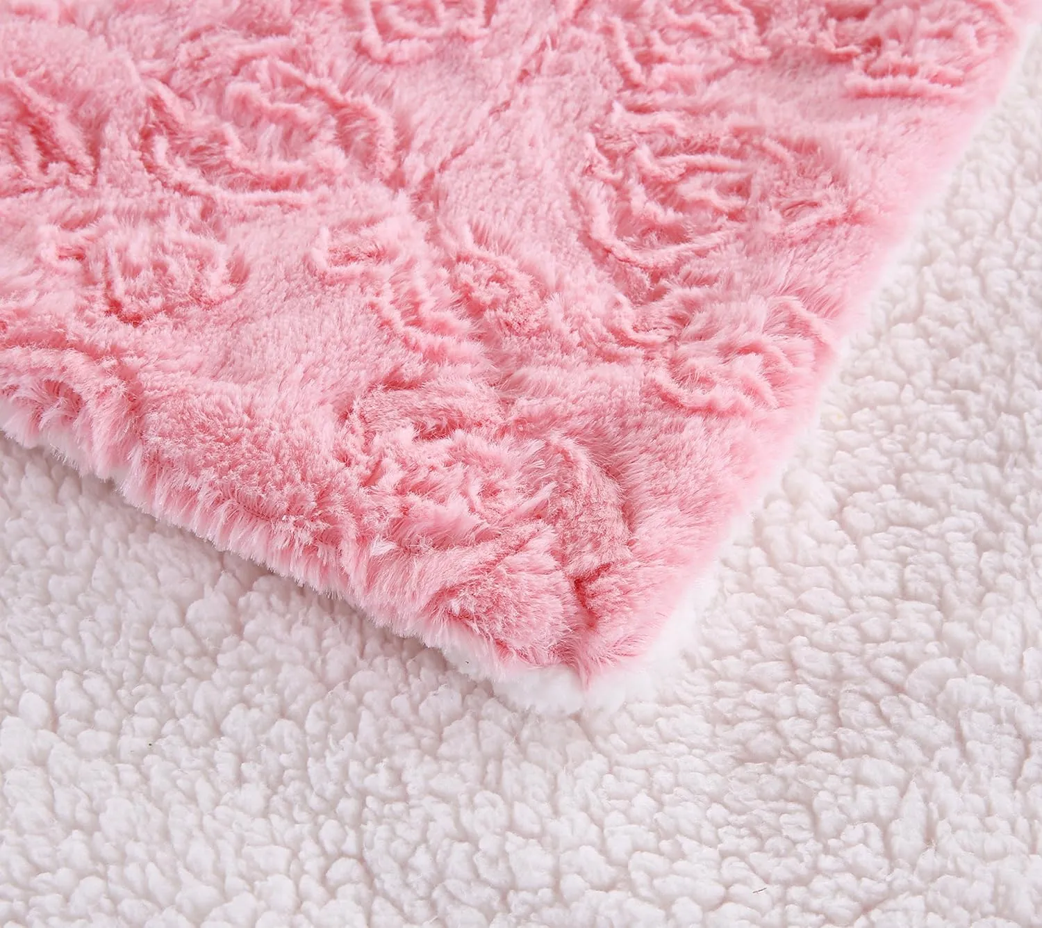 DaDa Bedding Luxury Faux Fur Throw Blanket - [ Non Shedding - Machine Washable] Fluffy Super Cuddly Soft Roses Sherpa Backside - Warm Plush for Lap or Sofa - Bright Vibrant Pink & White - 90" x 90"