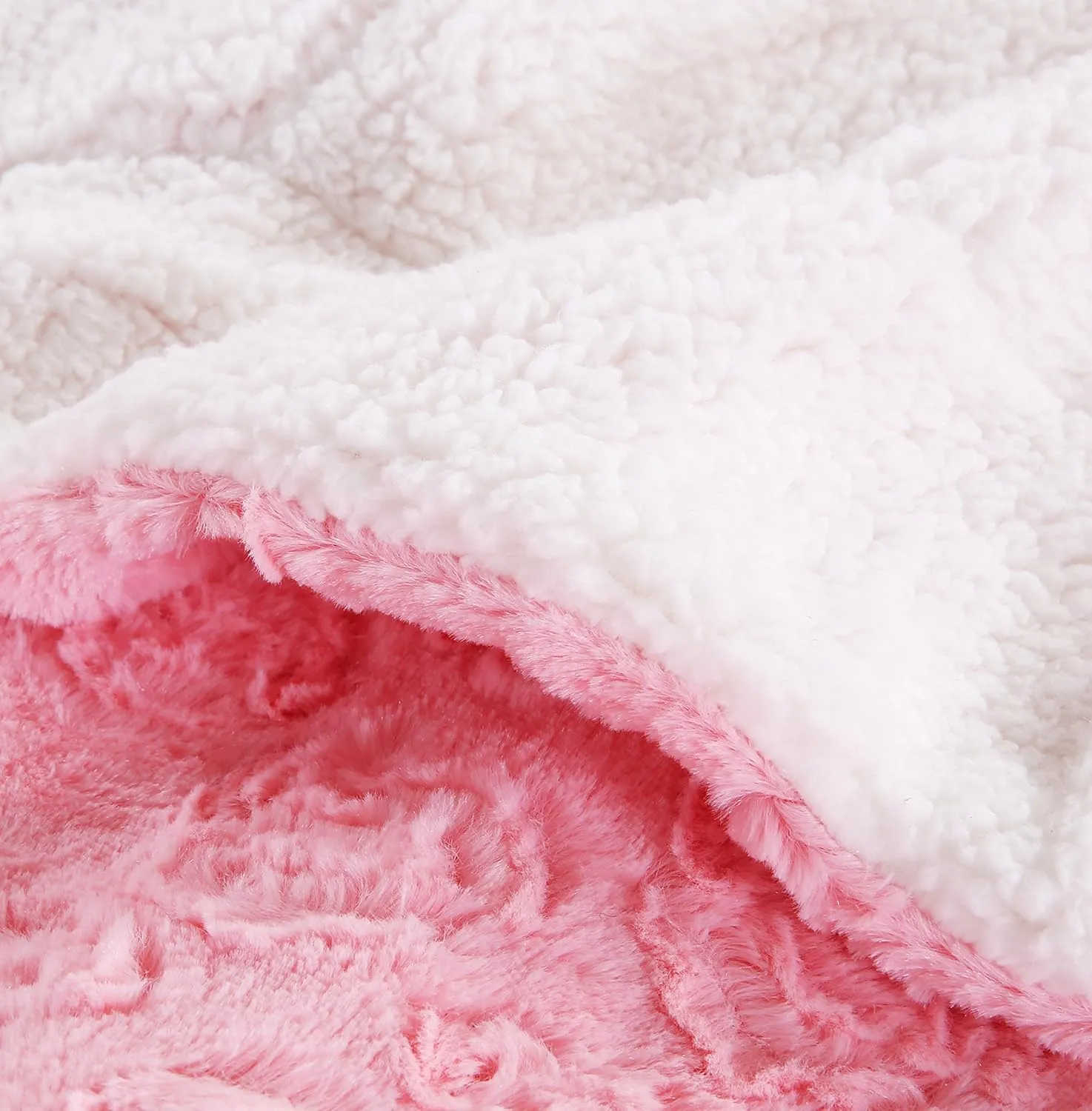 DaDa Bedding Luxury Faux Fur Throw Blanket - [ Non Shedding - Machine Washable] Fluffy Super Cuddly Soft Roses Sherpa Backside - Warm Plush for Lap or Sofa - Bright Vibrant Pink & White - 90" x 90"