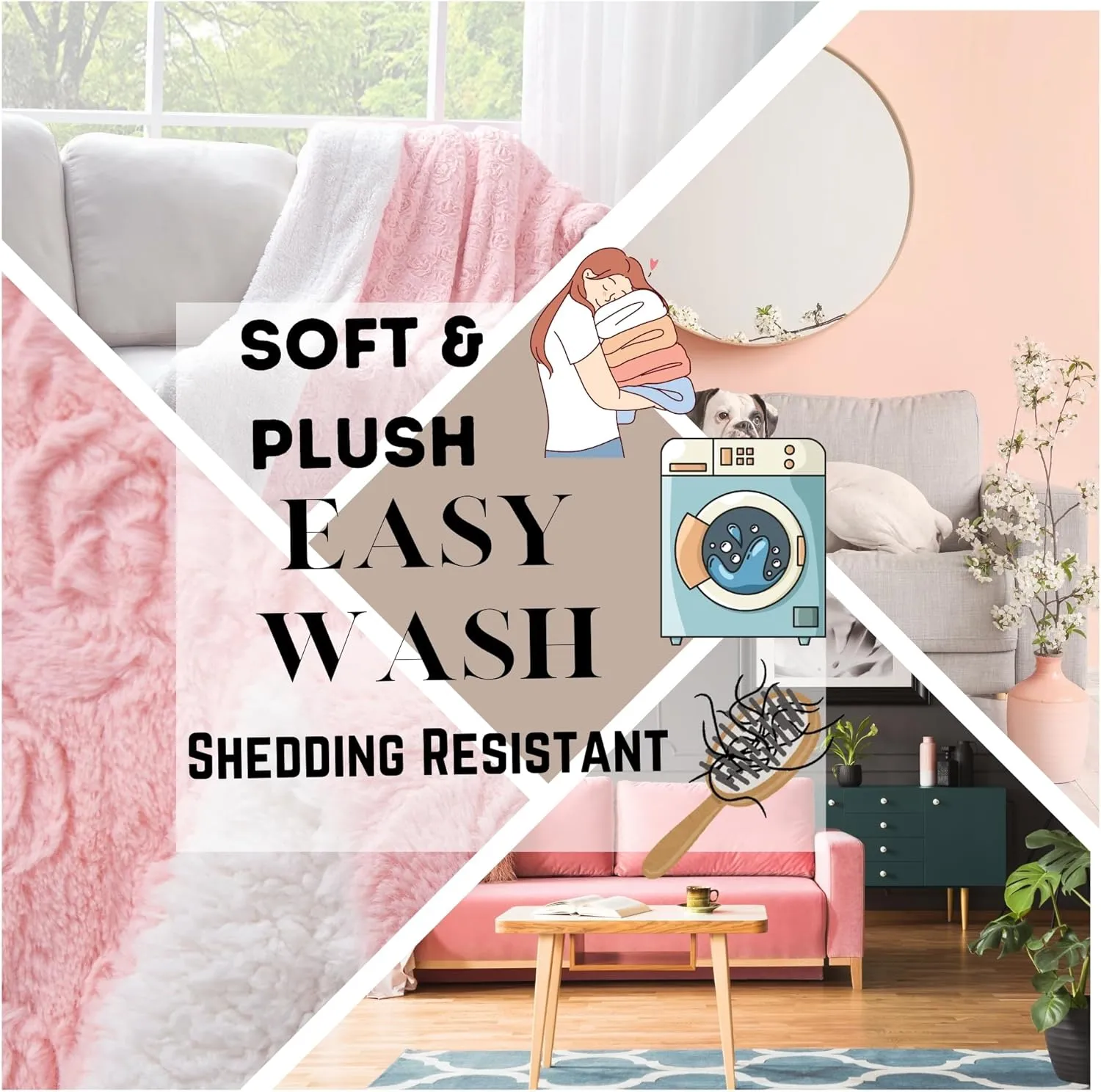 DaDa Bedding Luxury Faux Fur Throw Blanket - [ Non Shedding - Machine Washable] Fluffy Super Cuddly Soft Roses Sherpa Backside - Warm Plush for Lap or Sofa - Bright Vibrant Pink & White - 90" x 90"