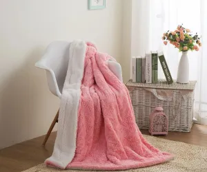 DaDa Bedding Luxury Faux Fur Throw Blanket - [ Non Shedding - Machine Washable] Fluffy Super Cuddly Soft Roses Sherpa Backside - Warm Plush for Lap or Sofa - Bright Vibrant Pink & White - 90" x 90"