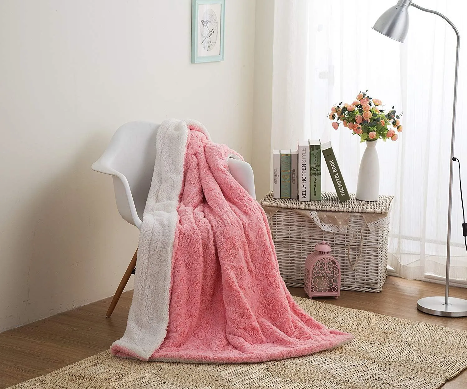 DaDa Bedding Luxury Faux Fur Throw Blanket - [ Non Shedding - Machine Washable] Fluffy Super Cuddly Soft Roses Sherpa Backside - Warm Plush for Lap or Sofa - Bright Vibrant Pink & White - 90" x 90"