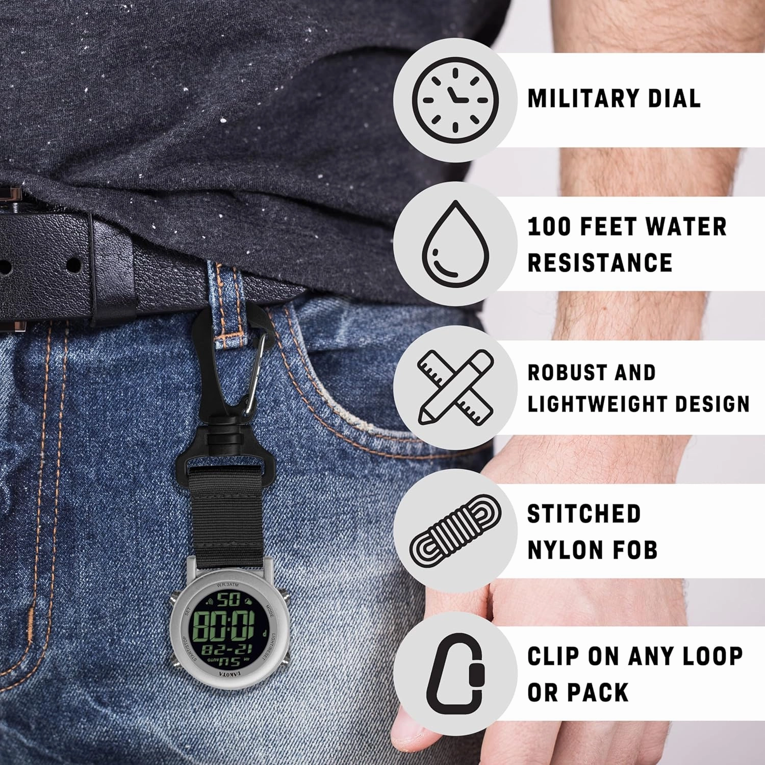 Dakota Digital Clip, Clip Watch, Alarm, Fob Watch, Timer and Dual Time, Outdoor Gifts for Men and Women, Use for Fishing Hunting, and More