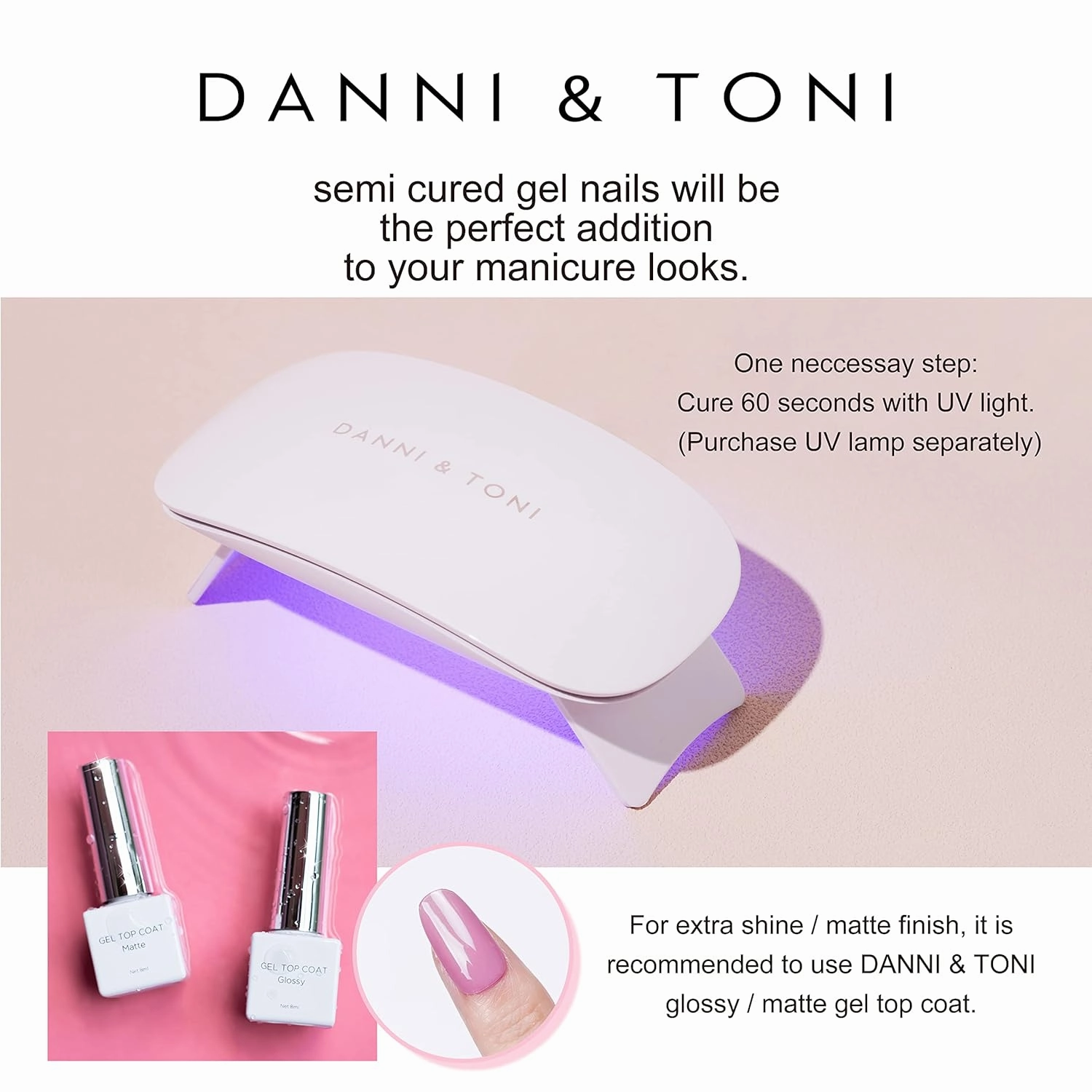 DANNI & TONI Semi Cured Gel Nail Strips Pink (Blush Ethereal) Glossy Gel Nail Wraps 28 Stickers