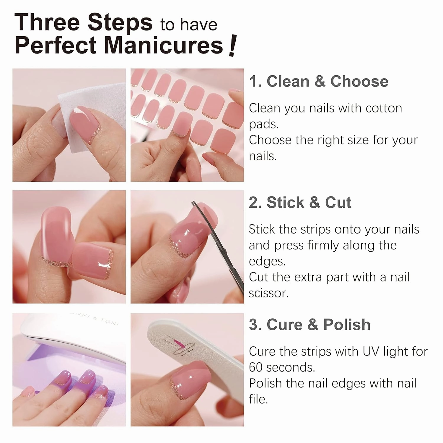 DANNI & TONI Semi Cured Gel Nail Strips Pink S-Shaped line (Blush Aura) Ombre White Gel Nail Wraps UV Nails 28 Stickers Gift for Women
