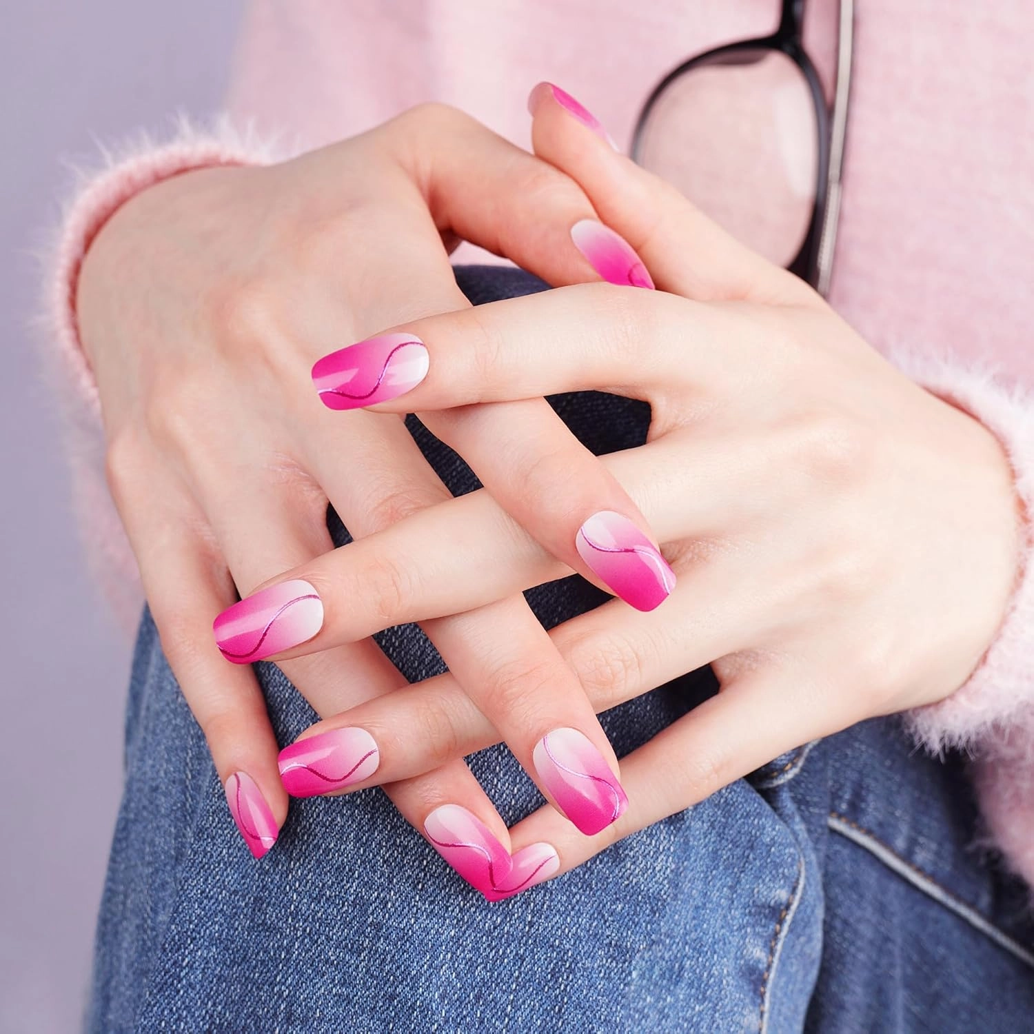 DANNI & TONI Semi Cured Gel Nail Strips Pink S-Shaped line (Blush Aura) Ombre White Gel Nail Wraps UV Nails 28 Stickers Gift for Women