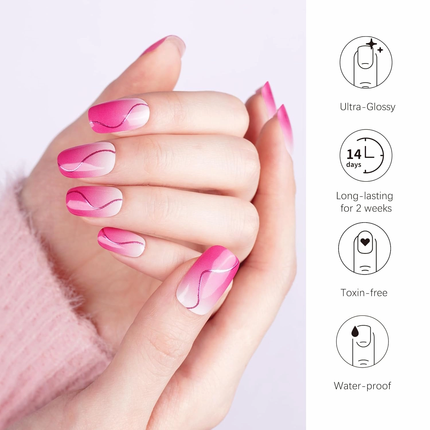 DANNI & TONI Semi Cured Gel Nail Strips Pink S-Shaped line (Blush Aura) Ombre White Gel Nail Wraps UV Nails 28 Stickers Gift for Women