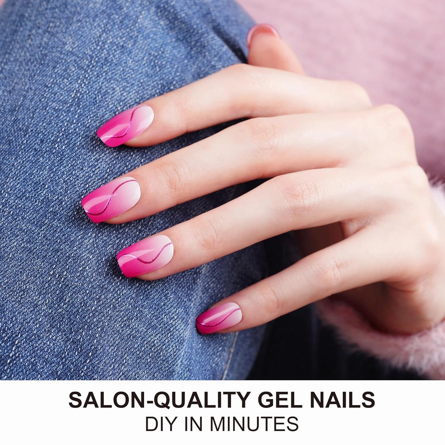 DANNI & TONI Semi Cured Gel Nail Strips Pink S-Shaped line (Blush Aura) Ombre White Gel Nail Wraps UV Nails 28 Stickers Gift for Women