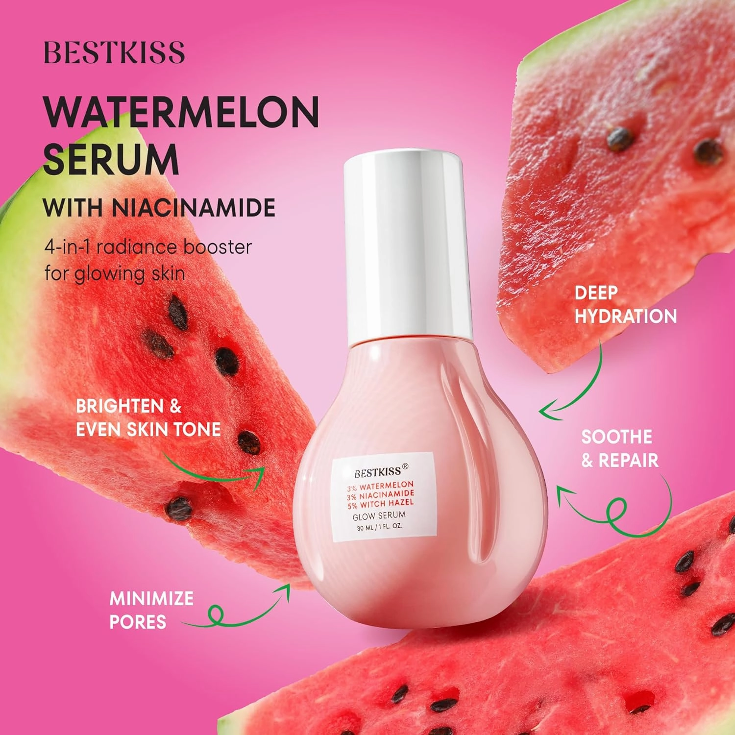 Dark Spot Remover for Face: 3% Watermelon 3% Niacinamide 5% Witch Hazel Dark Spot Correcting Glow Serum with Aloe Vera Centella Asiatica Hyaluronic Acid - Paraben Fragrance Cruelty Free 30mL