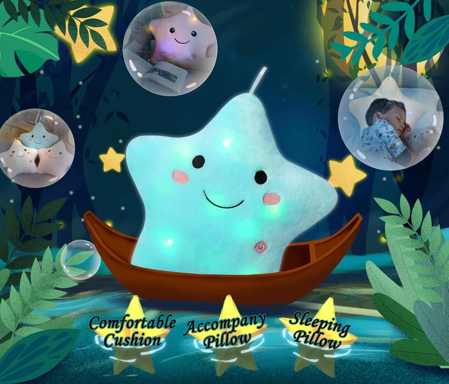 DearSun 13''Creative Twinkle Star Colorful Night Light Plush Pillows Light up Night Stuffed Toys Perfect for Birthday Christmas Holiday Valentines (Blue)