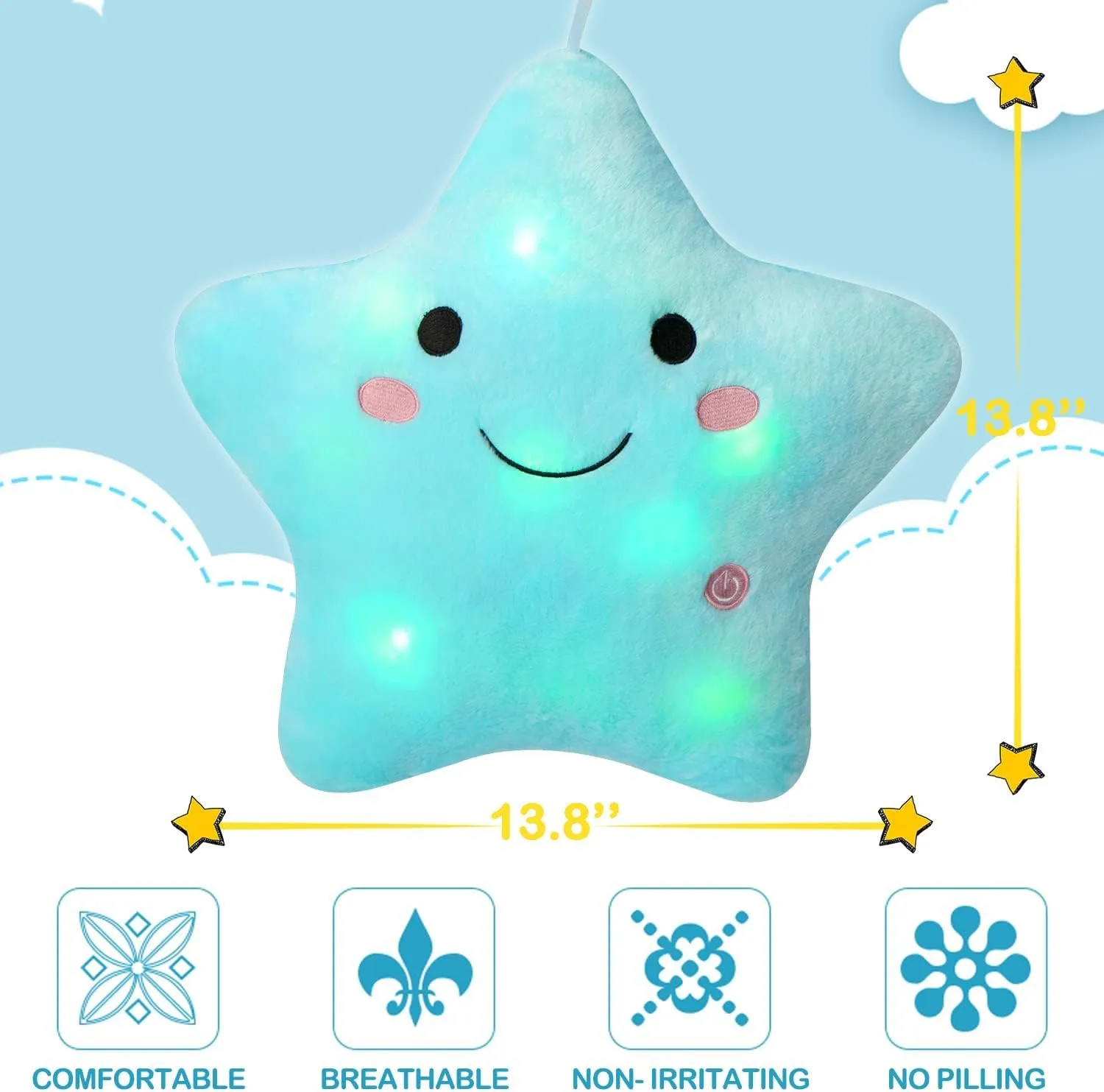 DearSun 13''Creative Twinkle Star Colorful Night Light Plush Pillows Light up Night Stuffed Toys Perfect for Birthday Christmas Holiday Valentines (Blue)