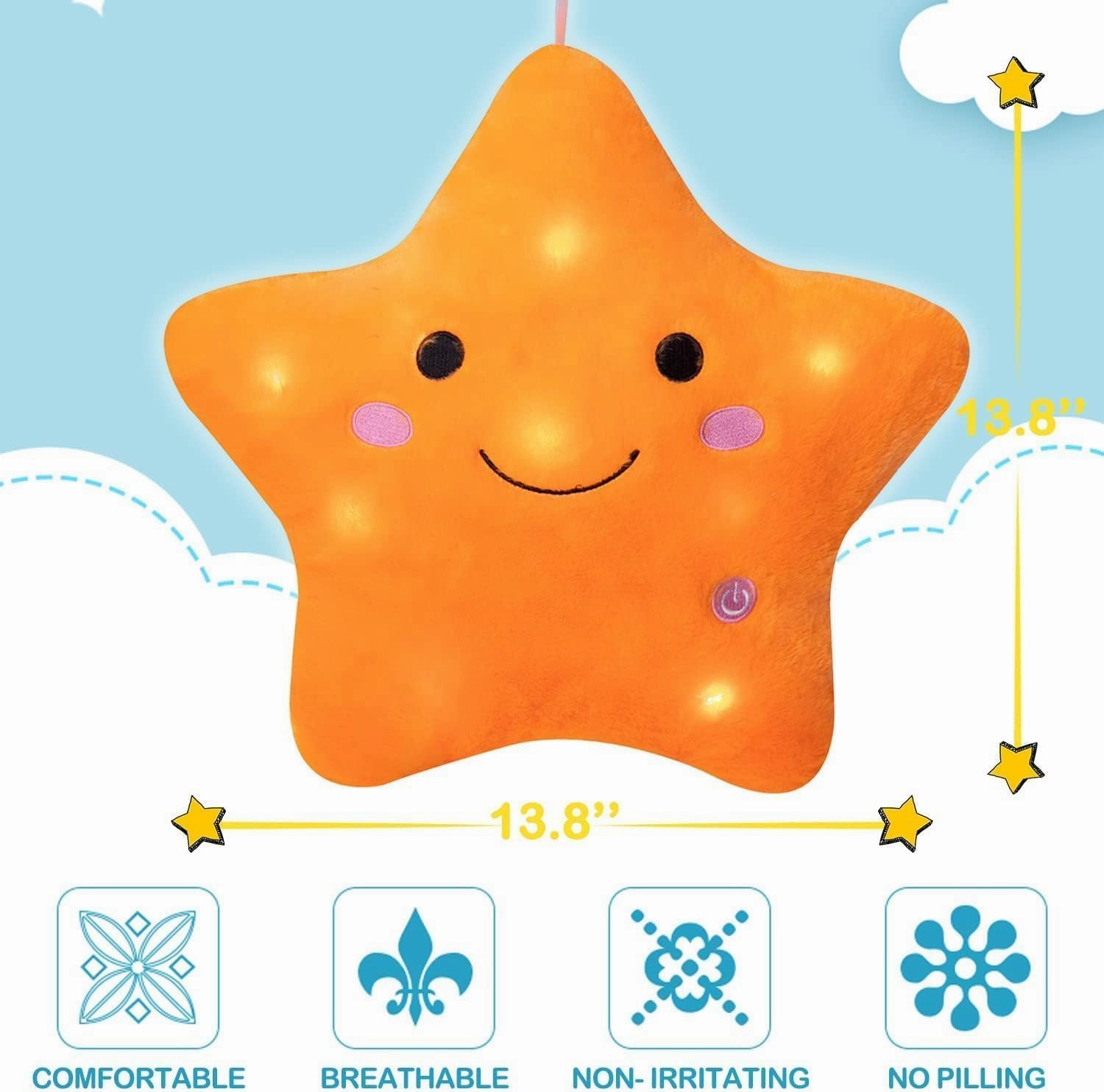 DearSun 13''Creative Twinkle Star Colorful Night Light Plush Pillows Light up Night Stuffed Toys Perfect for Birthday Christmas Holiday Valentines (Orange)