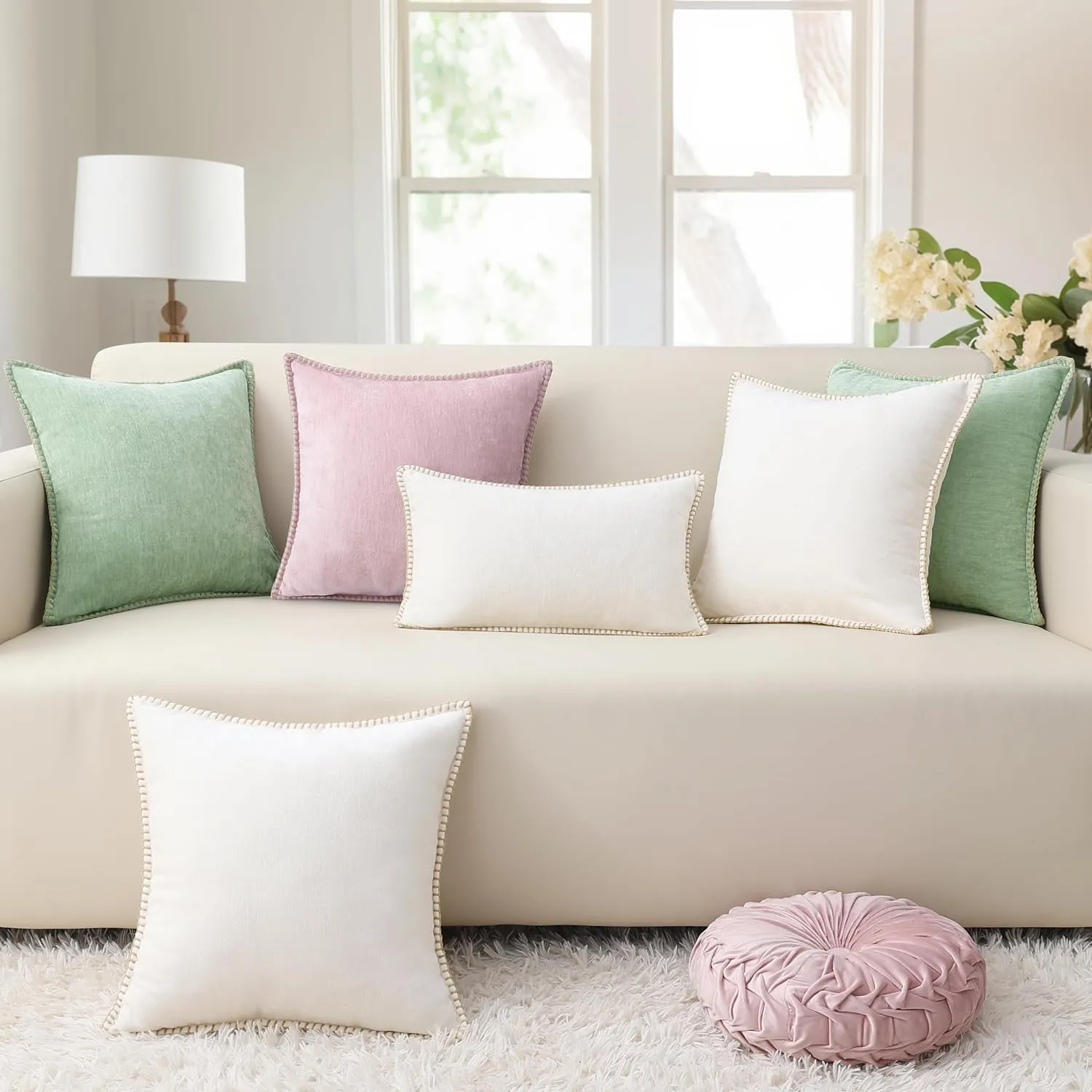 decorUhome Chenille Soft Throw Pillow Covers 12x20 Set of 2, Lumbar Velvet Farmhouse Neutral Decorative Pillow Covers with Stitched Edge for Couch Sofa Bed Home Decor, Blush Pink