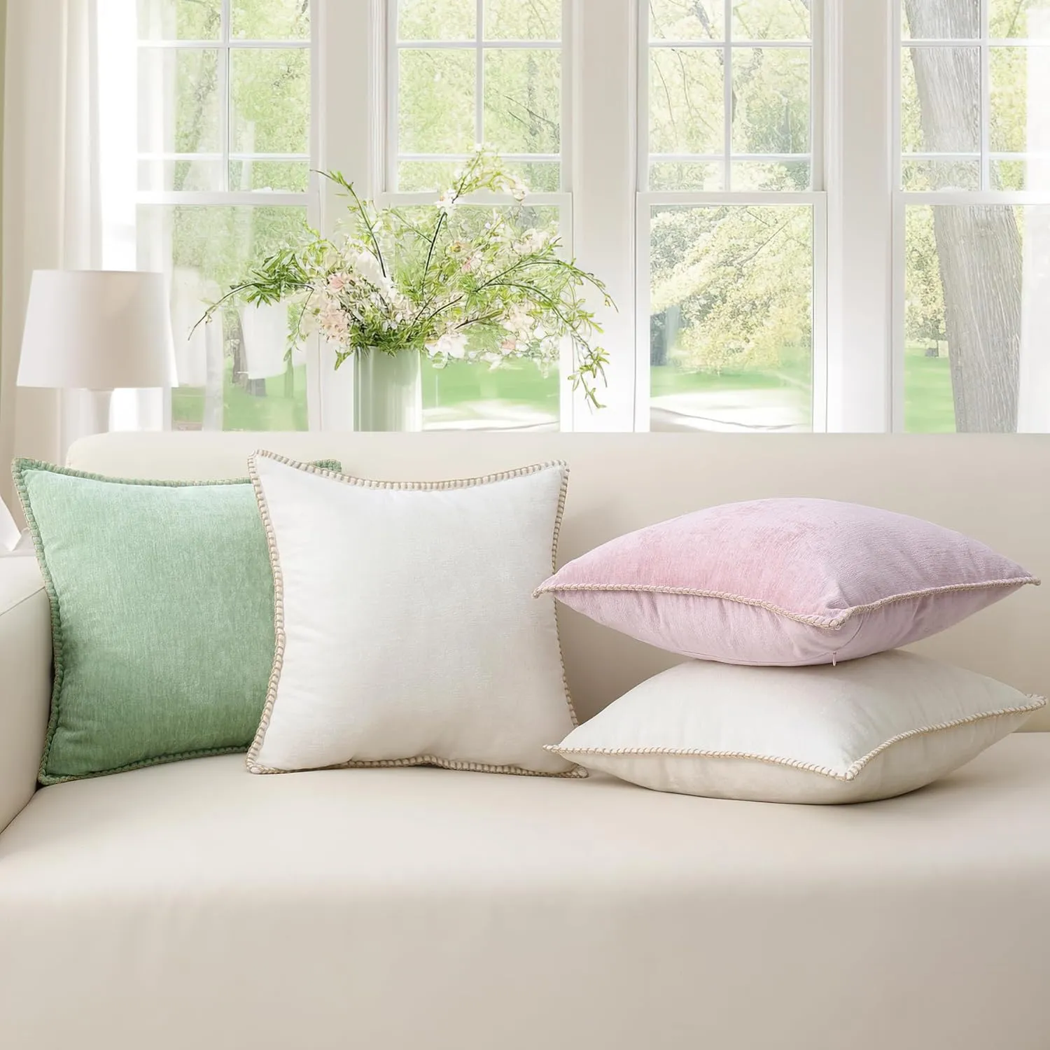 decorUhome Chenille Soft Throw Pillow Covers 12x20 Set of 2, Lumbar Velvet Farmhouse Neutral Decorative Pillow Covers with Stitched Edge for Couch Sofa Bed Home Decor, Blush Pink