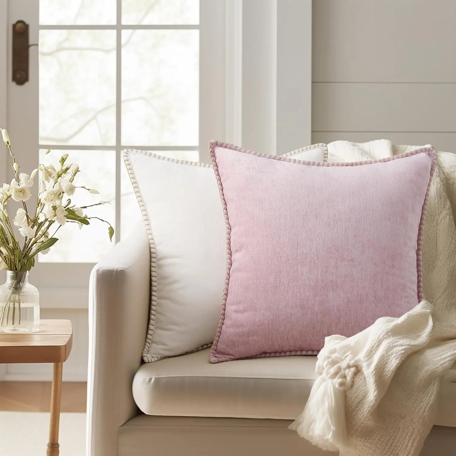 decorUhome Chenille Soft Throw Pillow Covers 12x20 Set of 2, Lumbar Velvet Farmhouse Neutral Decorative Pillow Covers with Stitched Edge for Couch Sofa Bed Home Decor, Blush Pink