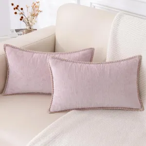 decorUhome Chenille Soft Throw Pillow Covers 12x20 Set of 2, Lumbar Velvet Farmhouse Neutral Decorative Pillow Covers with Stitched Edge for Couch Sofa Bed Home Decor, Blush Pink