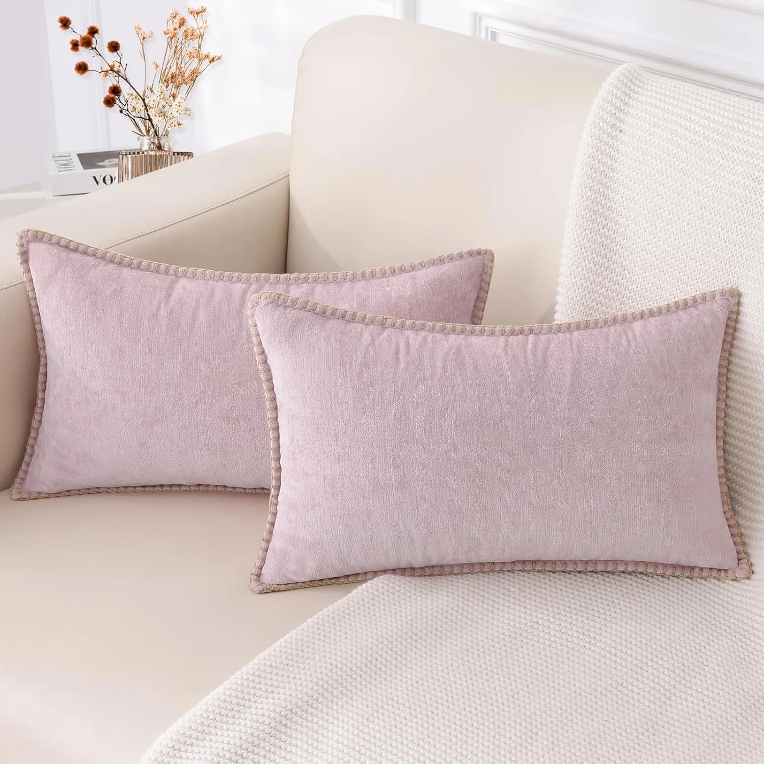 decorUhome Chenille Soft Throw Pillow Covers 12x20 Set of 2, Lumbar Velvet Farmhouse Neutral Decorative Pillow Covers with Stitched Edge for Couch Sofa Bed Home Decor, Blush Pink