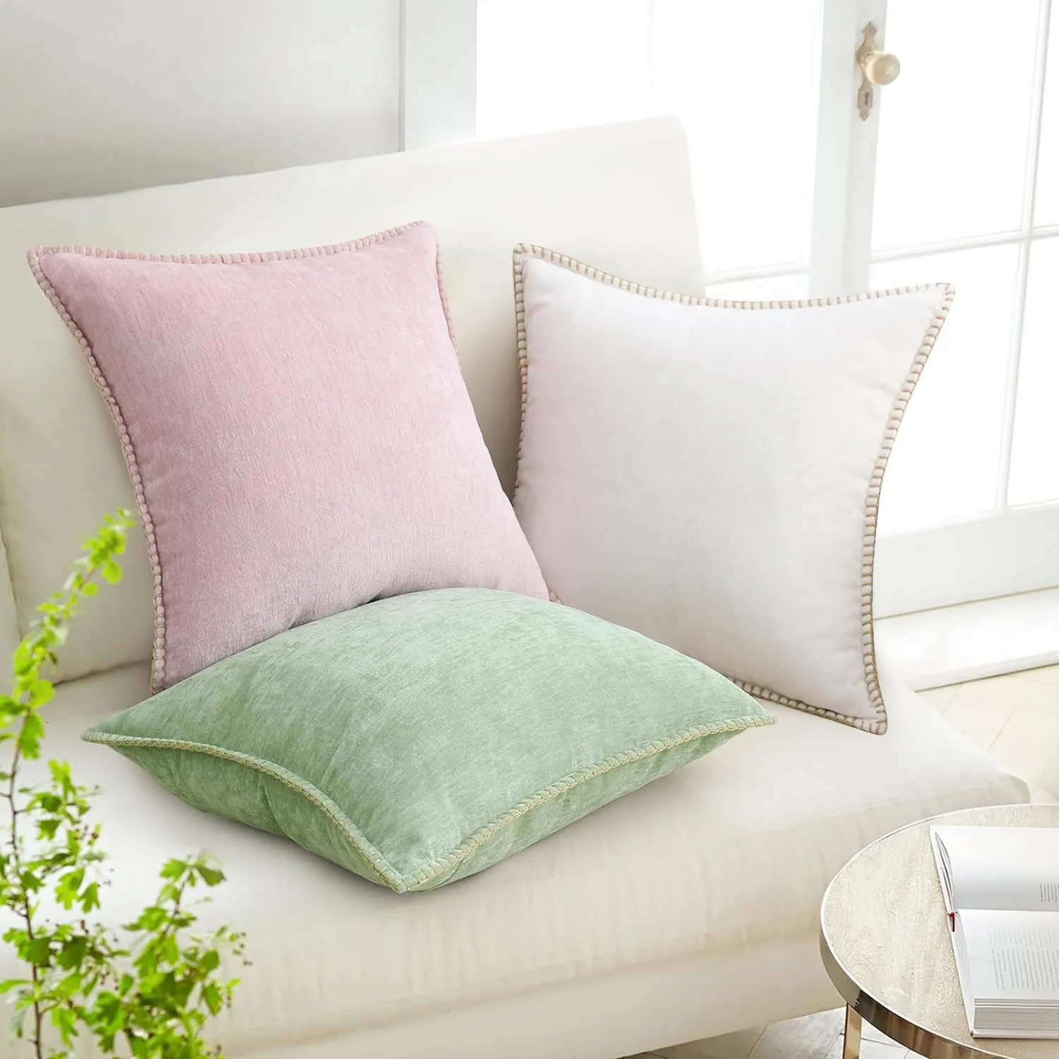 decorUhome Chenille Soft Throw Pillow Covers 12x20 Set of 2, Lumbar Velvet Farmhouse Neutral Decorative Pillow Covers with Stitched Edge for Couch Sofa Bed Home Decor, Blush Pink