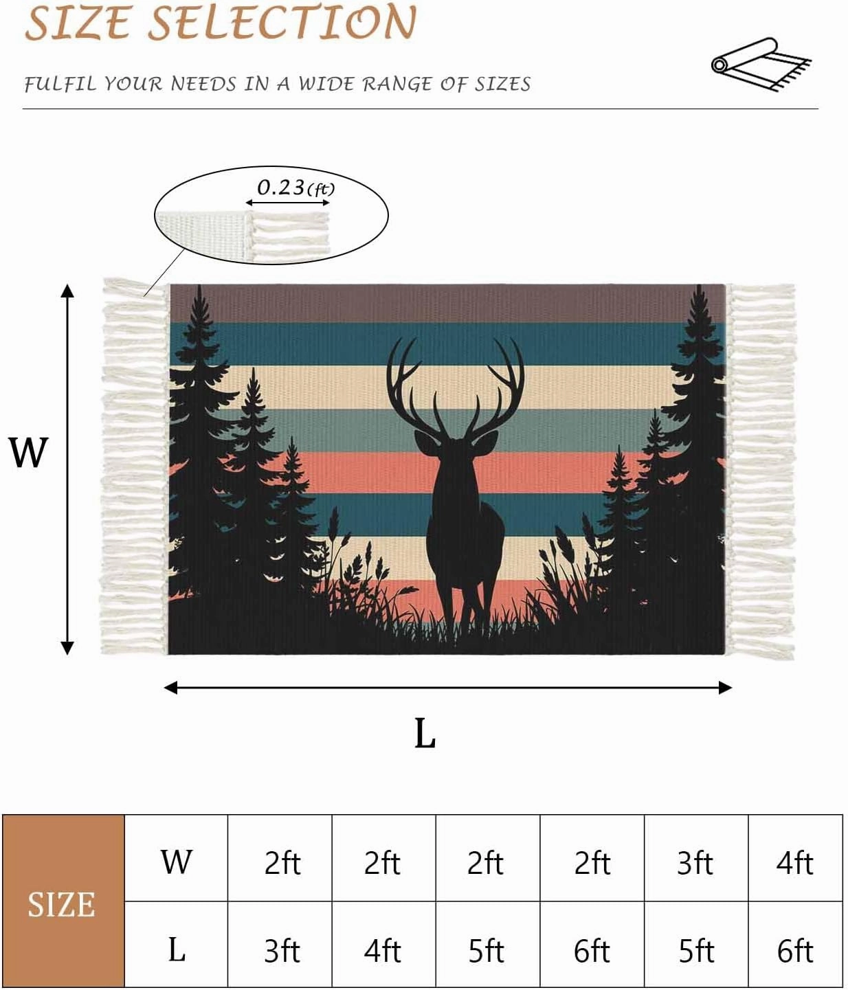 Deer Forest Large Runner Rug 4X6 Ft Living Room Area Rug, Washable Woven Throw Carpet with Tassel, Farmhouse Animals Trees Colorful Striped Non-Shedding Bedroom Office Carpets