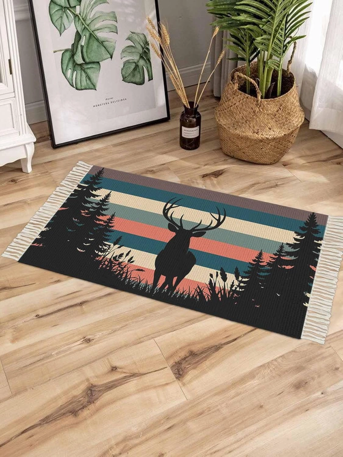 Deer Forest Large Runner Rug 4X6 Ft Living Room Area Rug, Washable Woven Throw Carpet with Tassel, Farmhouse Animals Trees Colorful Striped Non-Shedding Bedroom Office Carpets