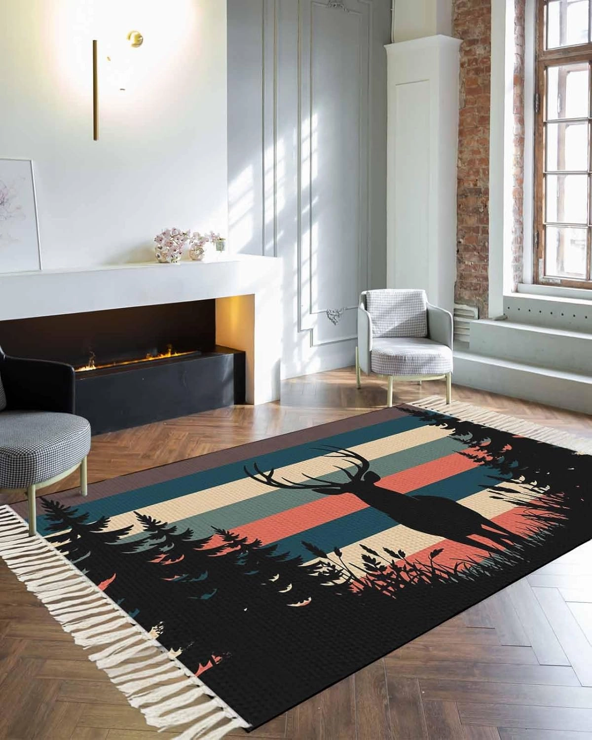 Deer Forest Large Runner Rug 4X6 Ft Living Room Area Rug, Washable Woven Throw Carpet with Tassel, Farmhouse Animals Trees Colorful Striped Non-Shedding Bedroom Office Carpets