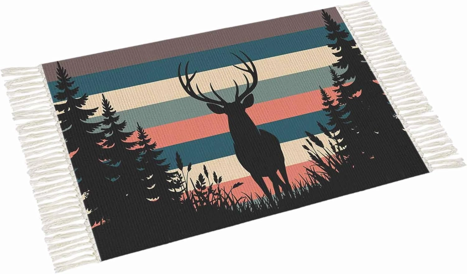 Deer Forest Large Runner Rug 4X6 Ft Living Room Area Rug, Washable Woven Throw Carpet with Tassel, Farmhouse Animals Trees Colorful Striped Non-Shedding Bedroom Office Carpets