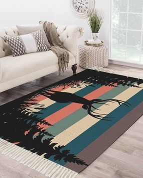 Deer Forest Large Runner Rug 4X6 Ft Living Room Area Rug, Washable Woven Throw Carpet with Tassel, Farmhouse Animals Trees Colorful Striped Non-Shedding Bedroom Office Carpets