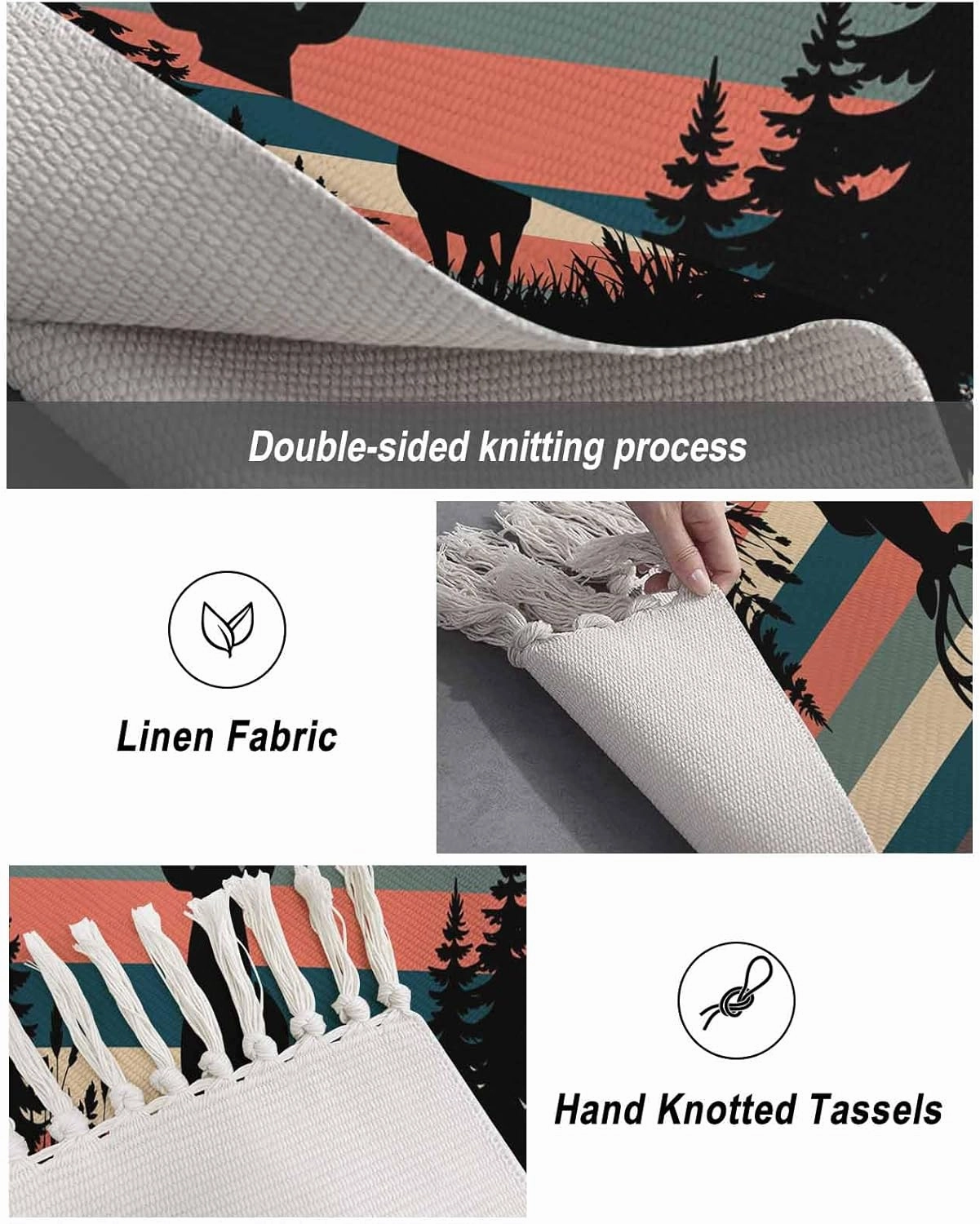 Deer Forest Large Runner Rug 4X6 Ft Living Room Area Rug, Washable Woven Throw Carpet with Tassel, Farmhouse Animals Trees Colorful Striped Non-Shedding Bedroom Office Carpets