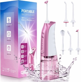 Demita Cordless Water Flosser for Teeth, 300ML 3 Modes 5 Jet Tips Portable Electric Flosser Pick for Adults, IPX7 Waterproof Oral Irrigator Cleaning Kit for, Gums, Braces Care(Pink) Mother's Day Gifts