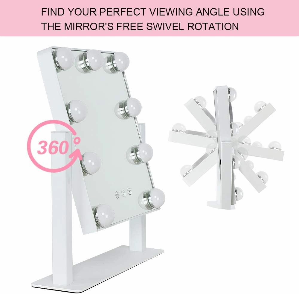 Depuley Makeup Vanity Mirror with Lights, 10X Magnification Hollywood Lighted Mirror with 9 Dimmer Led Bulbs, Plug in Light-up Beauty Mirror, Touch Screen Lighted Table Set Mirror, 360°Rotation(White)