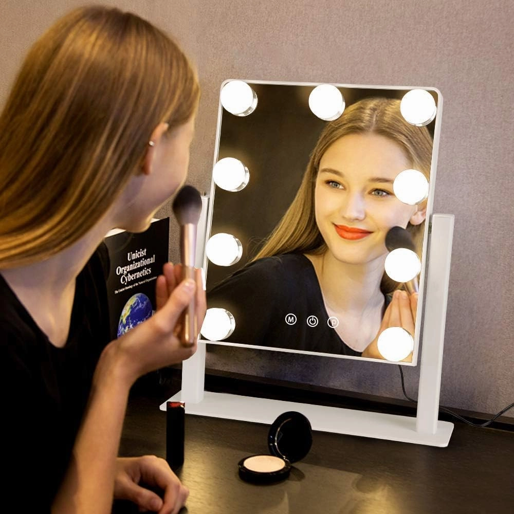 Depuley Makeup Vanity Mirror with Lights, 10X Magnification Hollywood Lighted Mirror with 9 Dimmer Led Bulbs, Plug in Light-up Beauty Mirror, Touch Screen Lighted Table Set Mirror, 360°Rotation(White)