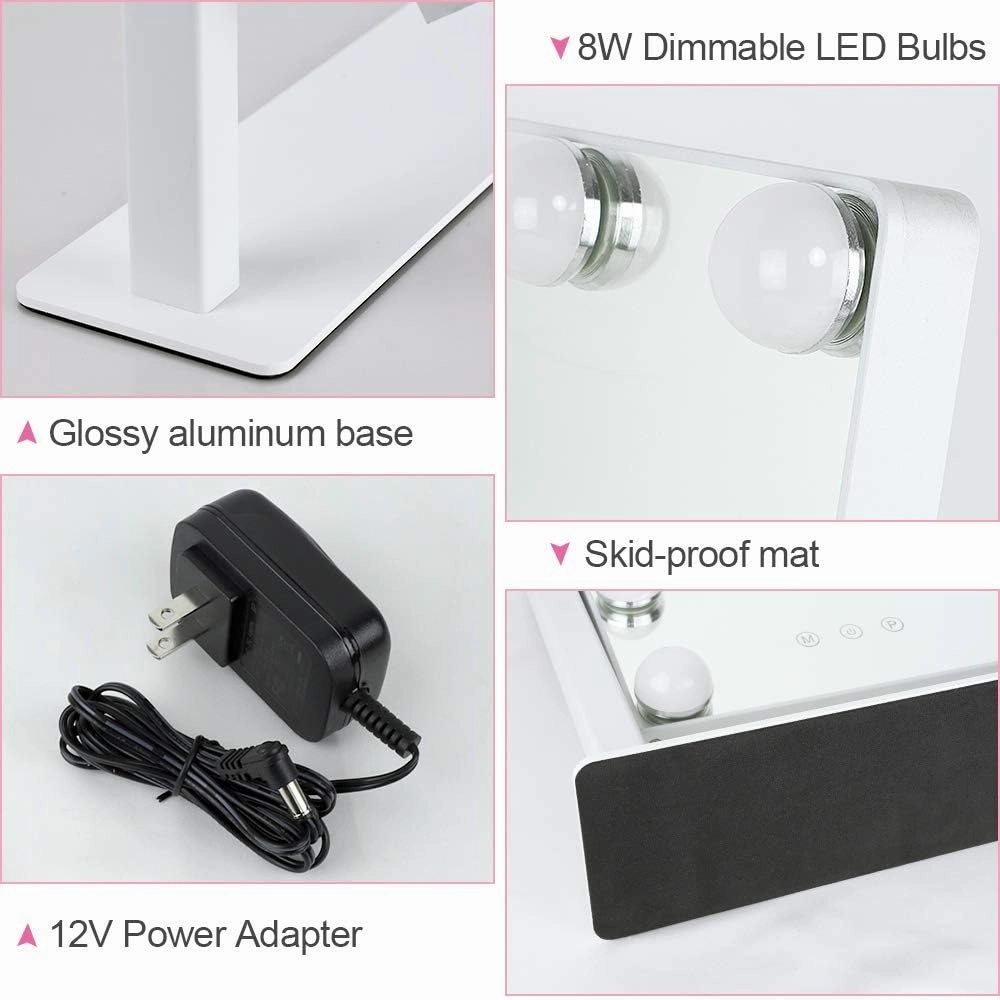 Depuley Makeup Vanity Mirror with Lights, 10X Magnification Hollywood Lighted Mirror with 9 Dimmer Led Bulbs, Plug in Light-up Beauty Mirror, Touch Screen Lighted Table Set Mirror, 360°Rotation(White)