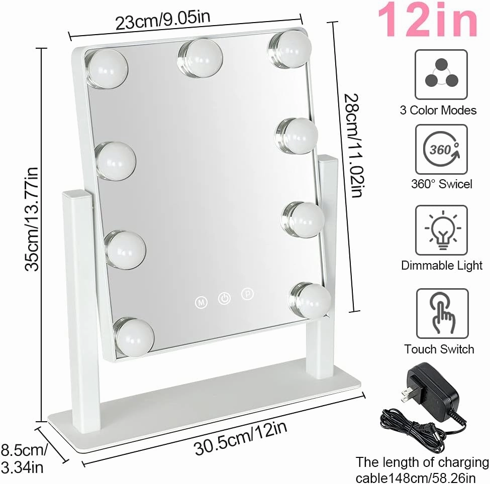 Depuley Makeup Vanity Mirror with Lights, 10X Magnification Hollywood Lighted Mirror with 9 Dimmer Led Bulbs, Plug in Light-up Beauty Mirror, Touch Screen Lighted Table Set Mirror, 360°Rotation(White)