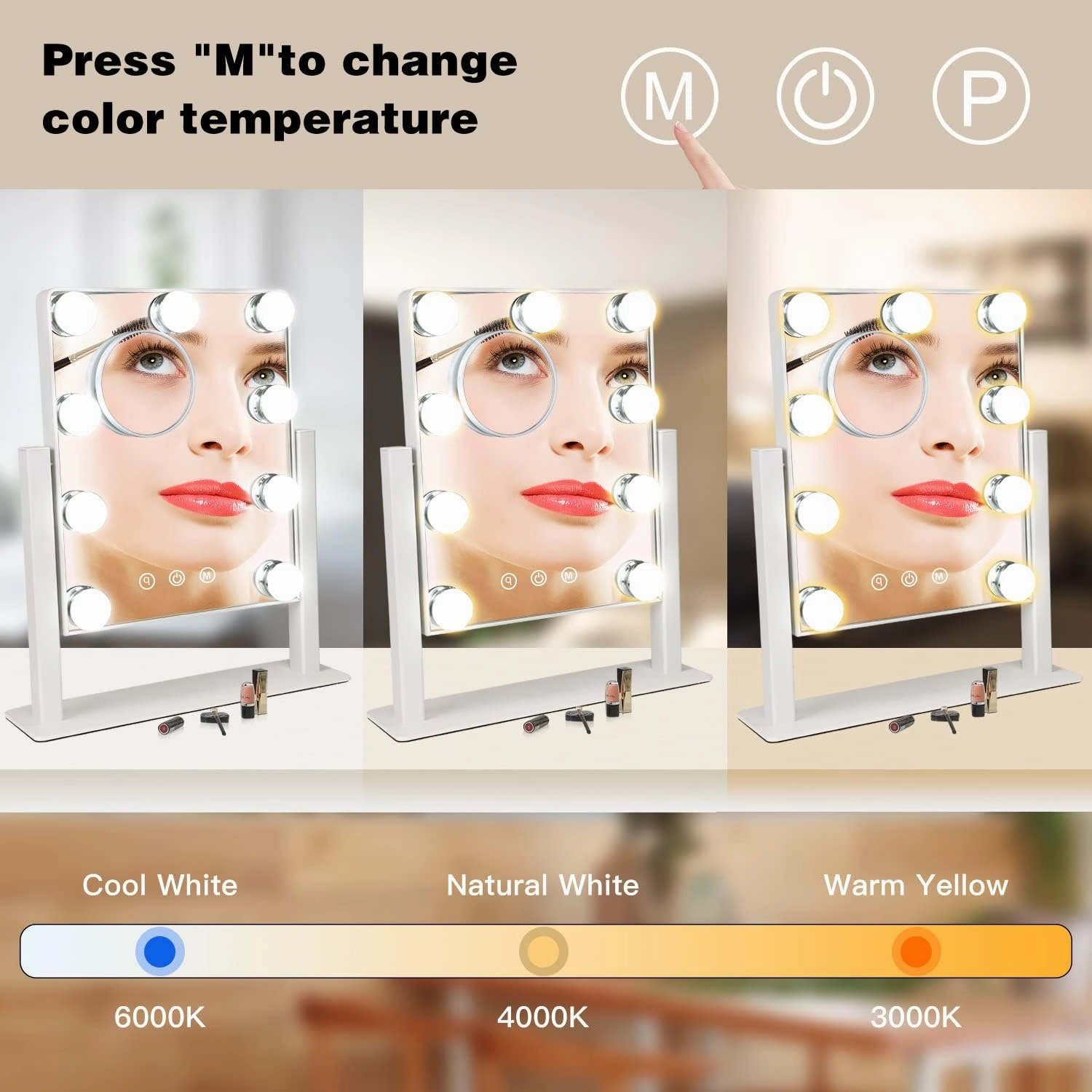 Depuley Makeup Vanity Mirror with Lights, 10X Magnification Hollywood Lighted Mirror with 9 Dimmer Led Bulbs, Plug in Light-up Beauty Mirror, Touch Screen Lighted Table Set Mirror, 360°Rotation(White)