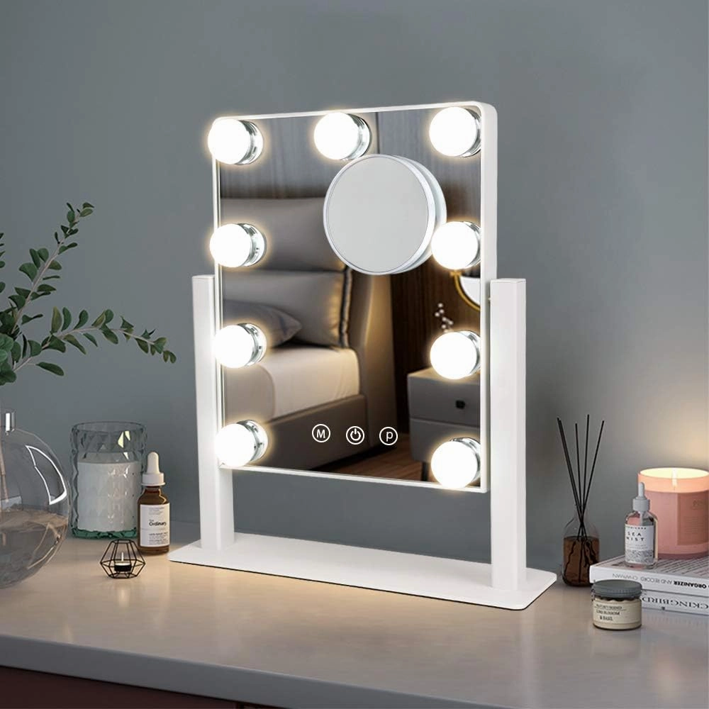 Depuley Makeup Vanity Mirror with Lights, 10X Magnification Hollywood Lighted Mirror with 9 Dimmer Led Bulbs, Plug in Light-up Beauty Mirror, Touch Screen Lighted Table Set Mirror, 360°Rotation(White)
