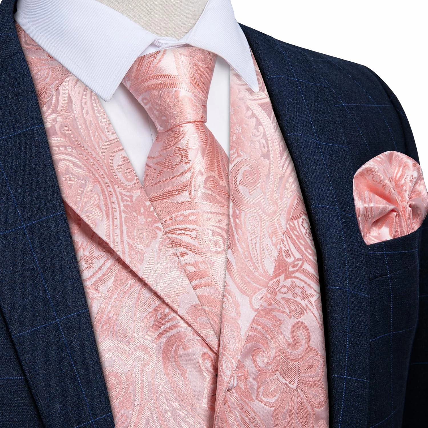 DiBanGu Mens Vest Tie Set 7PCS Silk Paisley Suit Waistcoat and Necktie Hankerchief Cufflinks Lapel Pin Set for Wedding Party