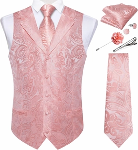 DiBanGu Mens Vest Tie Set 7PCS Silk Paisley Suit Waistcoat and Necktie Hankerchief Cufflinks Lapel Pin Set for Wedding Party