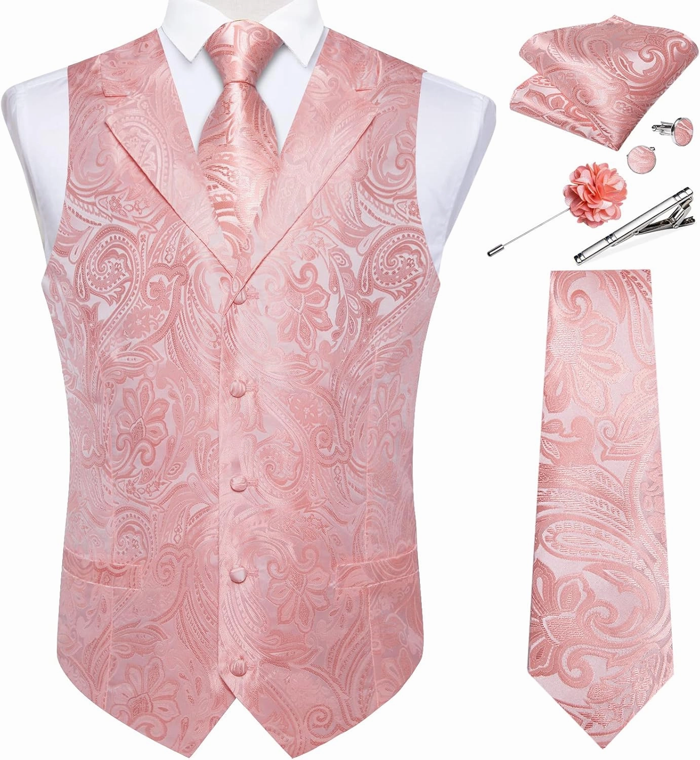DiBanGu Mens Vest Tie Set 7PCS Silk Paisley Suit Waistcoat and Necktie Hankerchief Cufflinks Lapel Pin Set for Wedding Party
