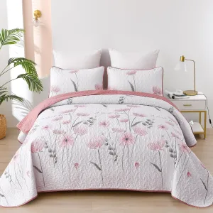 Dinjoy Floral Quilt Set Twin Size, Pink Bedspreads for Girls 2 Pieces Cute Summer Bedding Set Lightweight Farmhouse Quilts Soft Flower White Coverlet Sets for Women 68"x86"