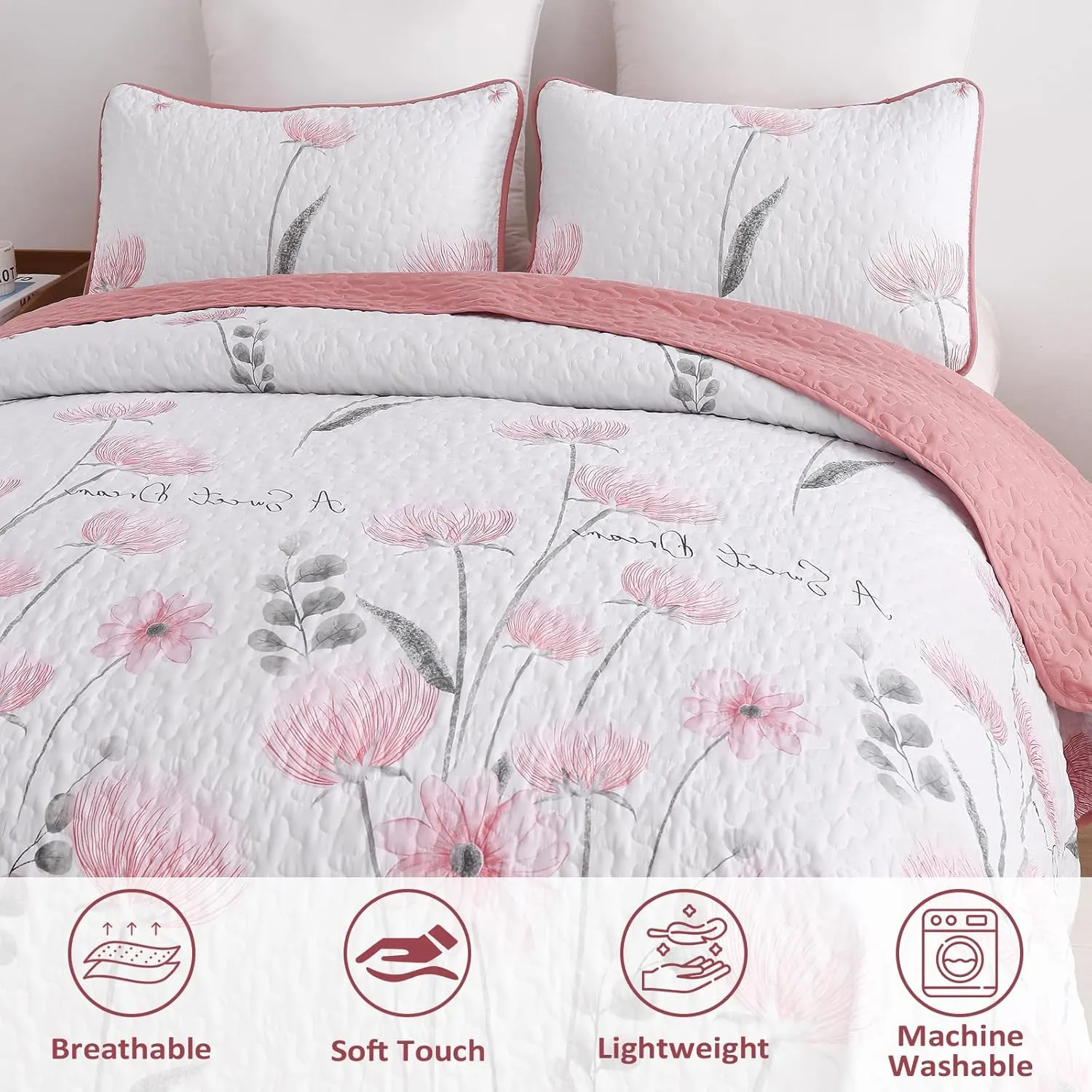 Dinjoy Floral Quilt Set Twin Size, Pink Bedspreads for Girls 2 Pieces Cute Summer Bedding Set Lightweight Farmhouse Quilts Soft Flower White Coverlet Sets for Women 68"x86"