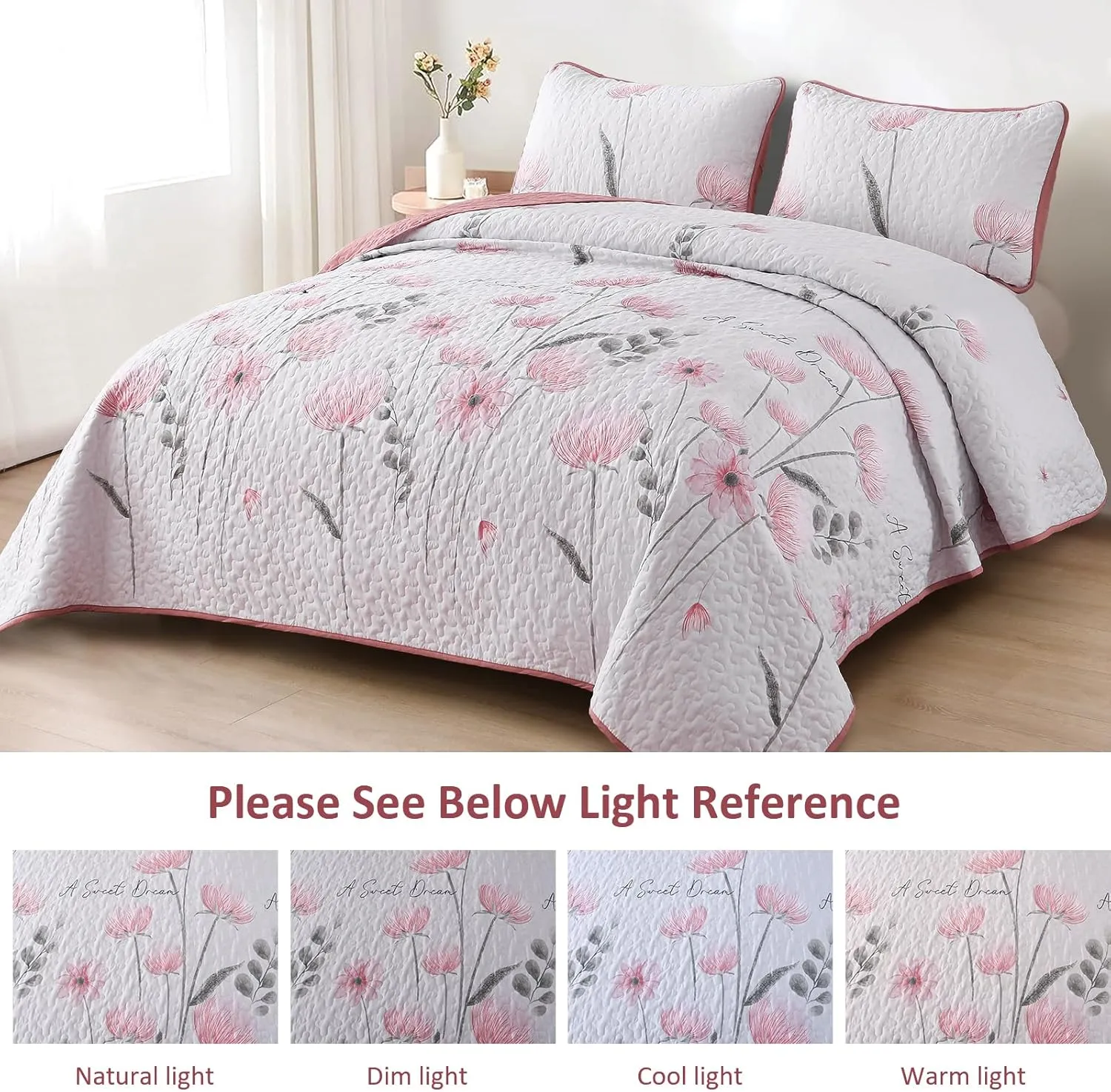 Dinjoy Floral Quilt Set Twin Size, Pink Bedspreads for Girls 2 Pieces Cute Summer Bedding Set Lightweight Farmhouse Quilts Soft Flower White Coverlet Sets for Women 68"x86"